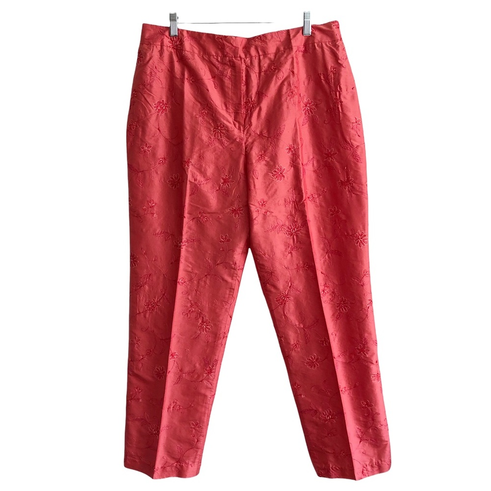 NEW Stunning Coral Silk Shantung Floral Embroidered Beaded Pants 14